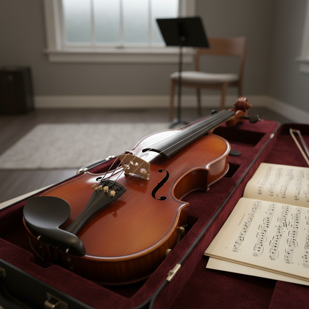A close-up of a violin resting in a rich burgundy velvet-lined case, hinting at an intimate, practice-ready setup in a wel...